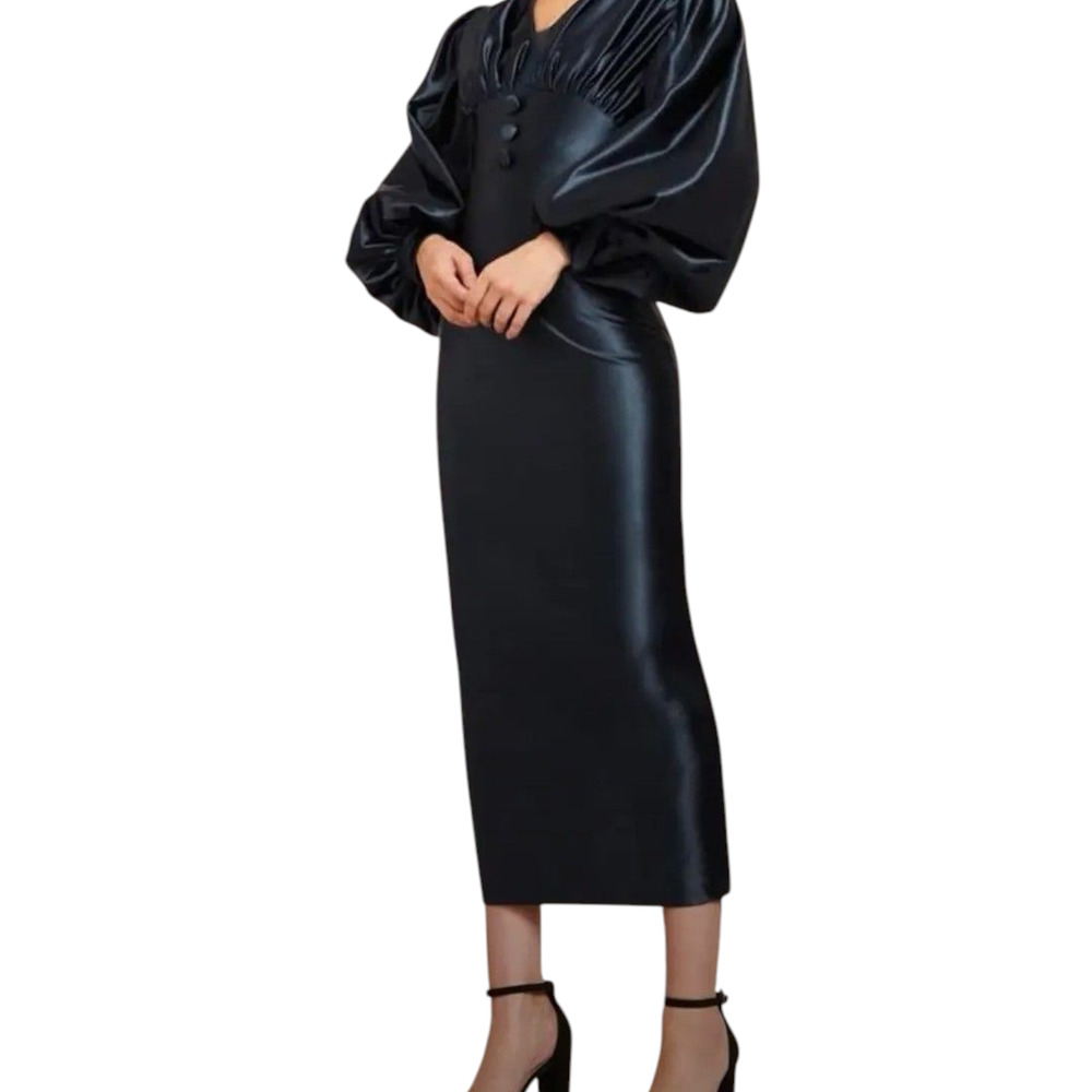 SHEIN Maxi Dress Womens Small Black Satin Long Puff Sleeve Deep V Button Gown